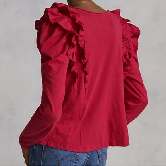by Anthropologie Ruffle V Neck Long Sleeve Tee Blouse Small - Picture 2 of 11